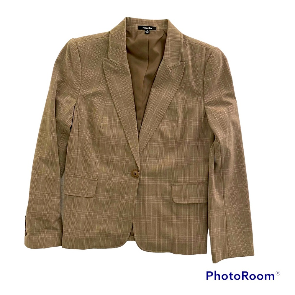 Rafaella Women’s Jacket Blazer Plaid One Button Front Two Waist Pockets Brown